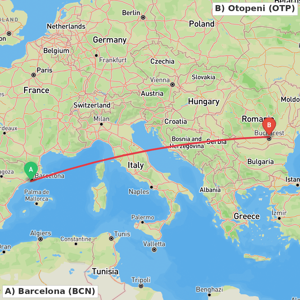 Flight route map from Barcelona to Otopeni