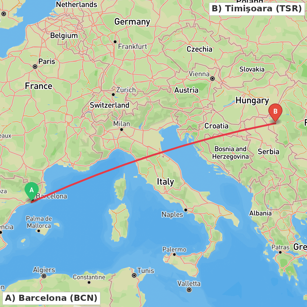 Flight route map from Barcelona to Timişoara
