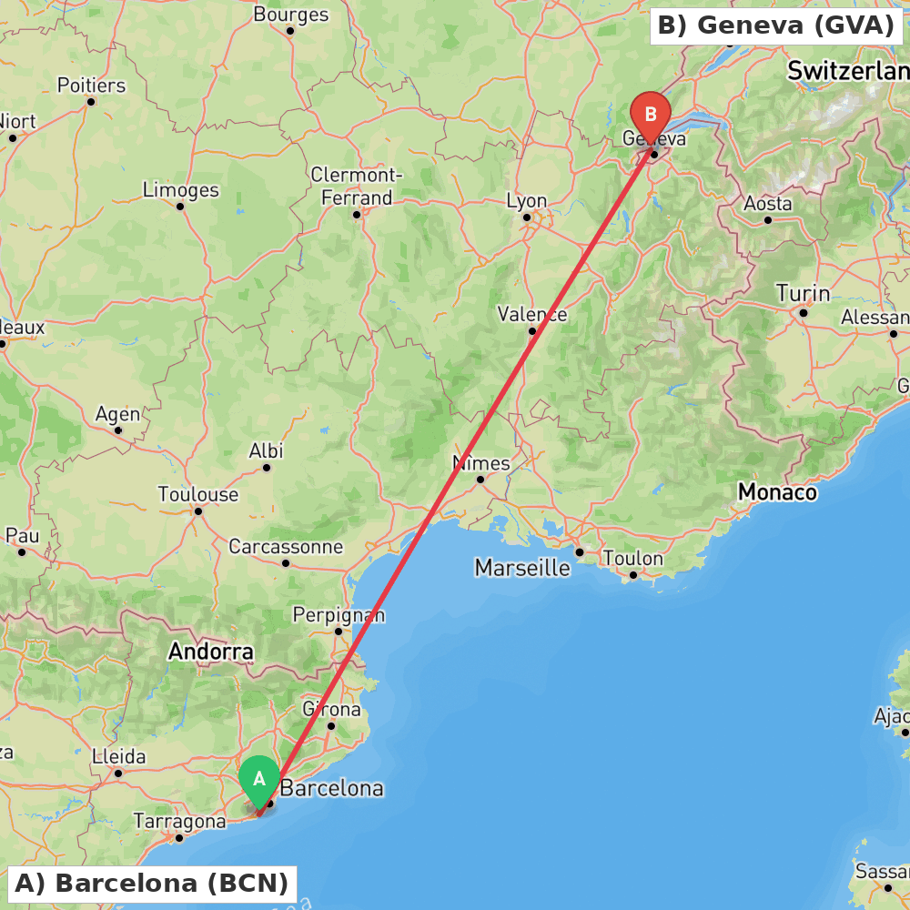 Flight route map from Barcelona to Geneva