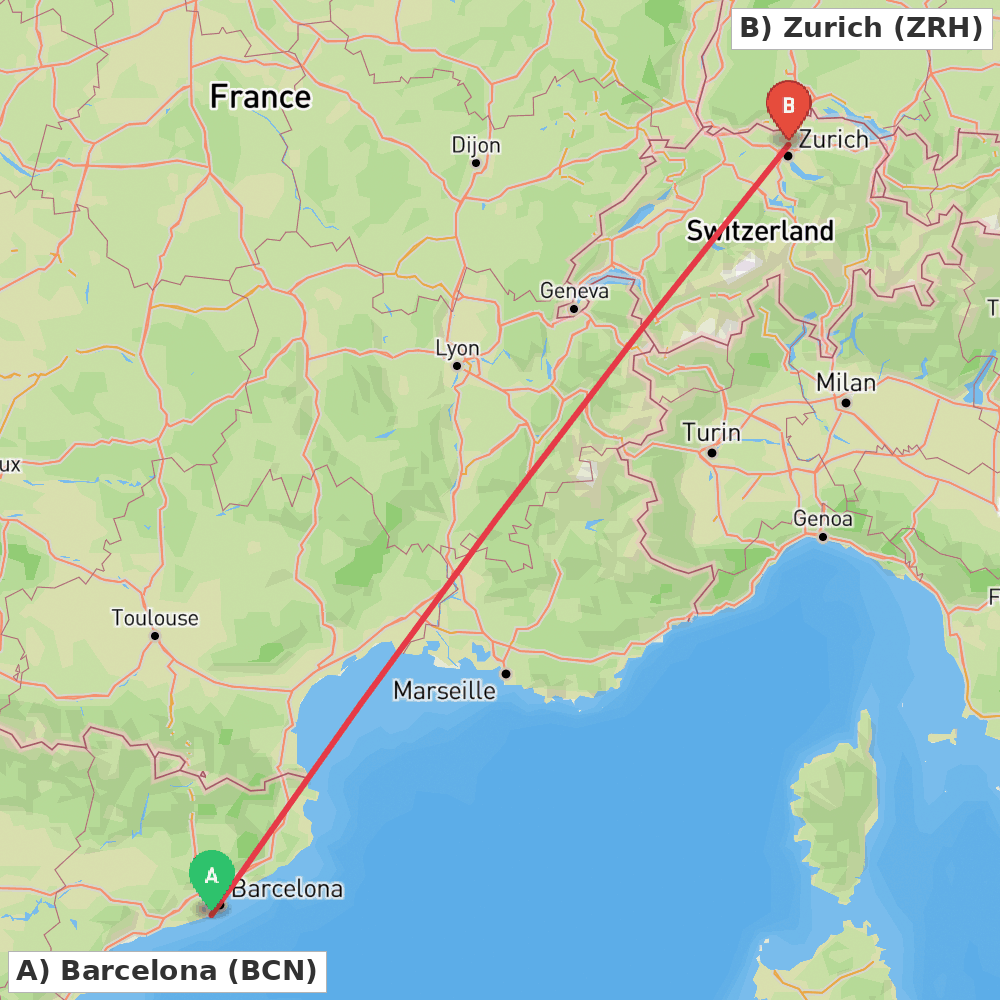 Flight route map from Barcelona to Zurich