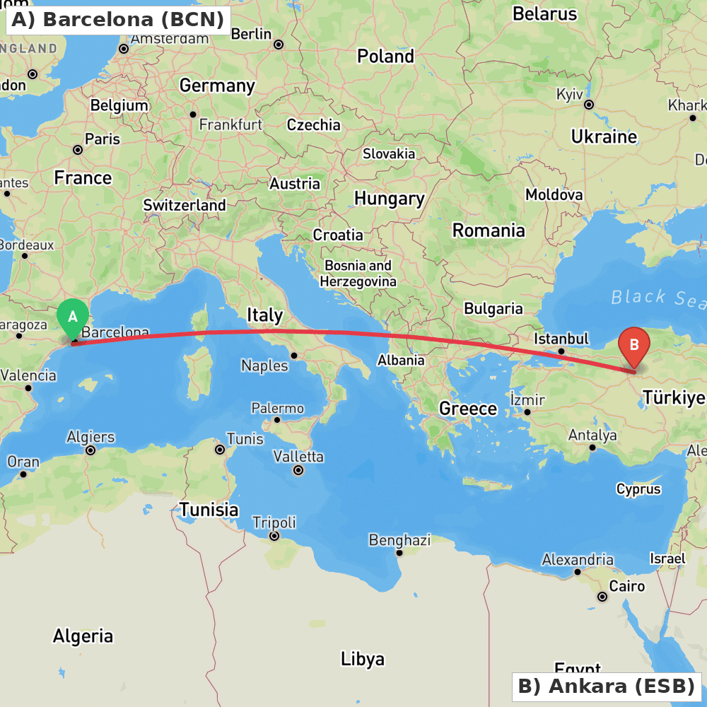 Flight route map from Barcelona to Ankara
