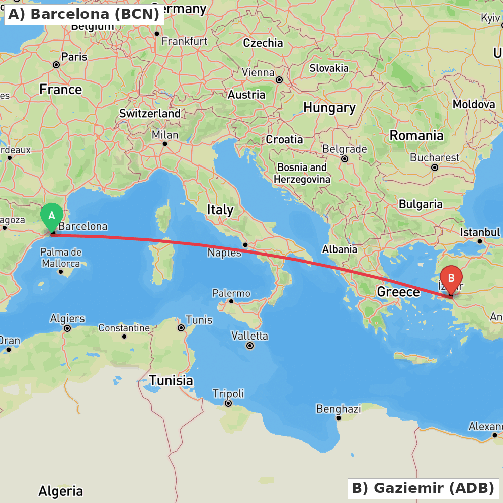 Flight route map from Barcelona to Gaziemir