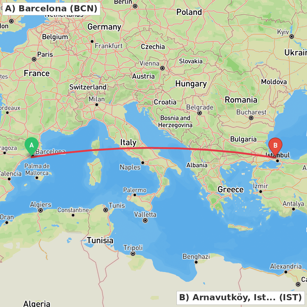 Flight route map from Barcelona to Arnavutköy, Istanbul