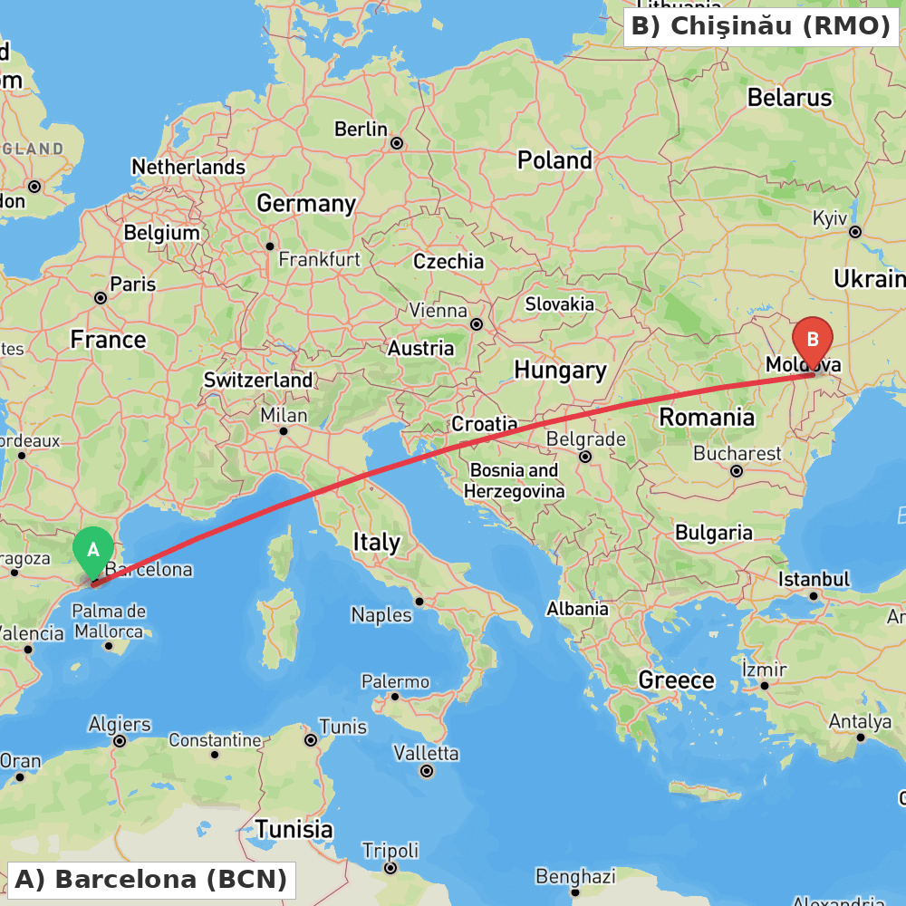 Flight route map from Barcelona to Chişinău