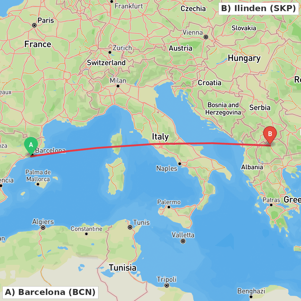 Flight route map from Barcelona to Ilinden