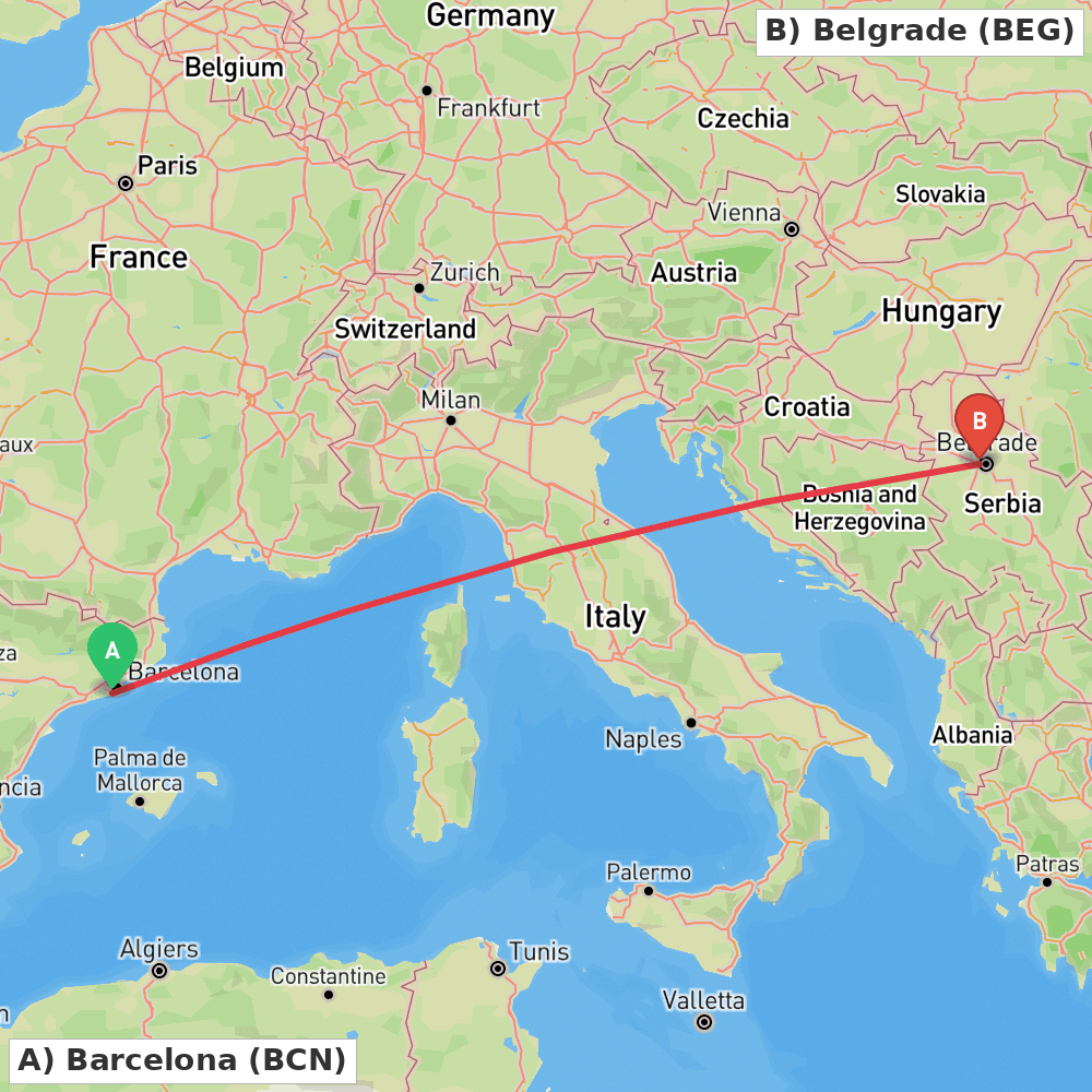 Flight route map from Barcelona to Belgrade