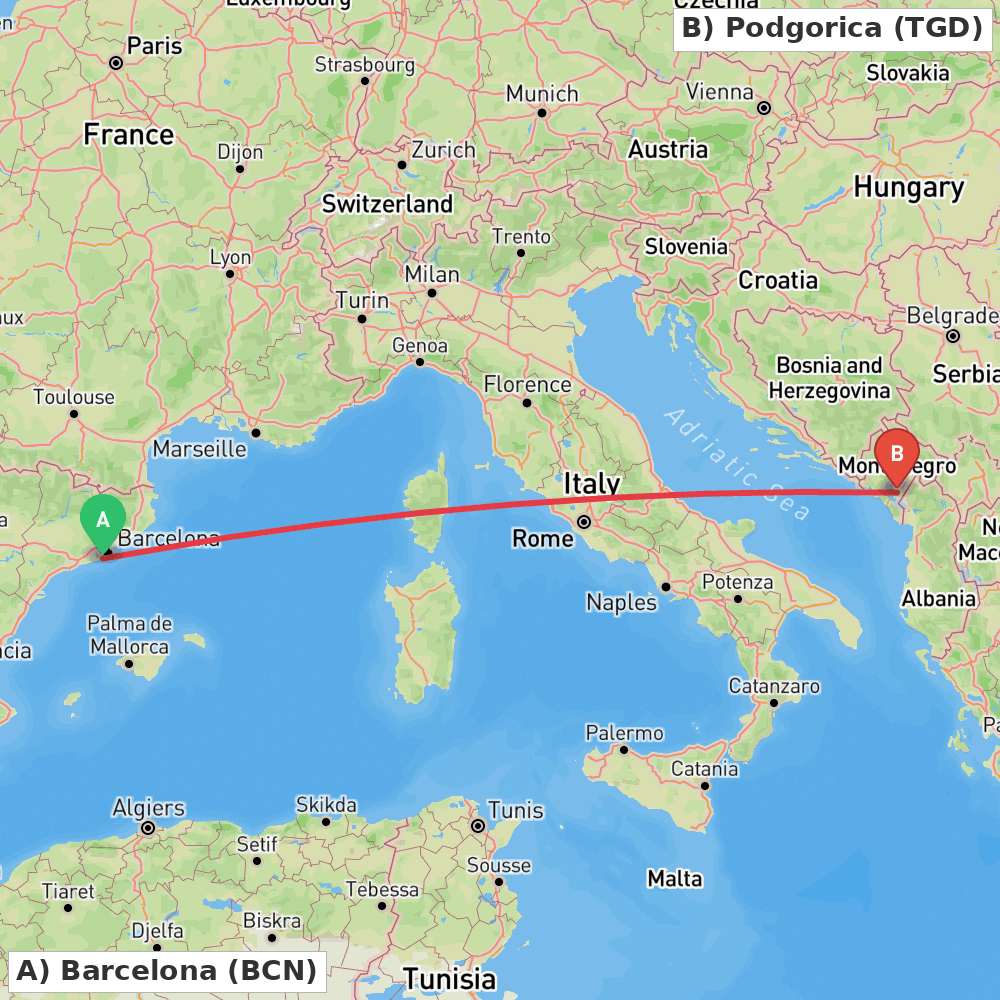 Flight route map from Barcelona to Podgorica