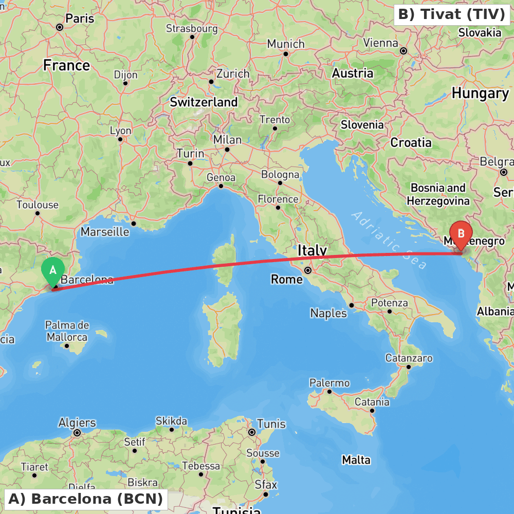 Flight route map from Barcelona to Tivat