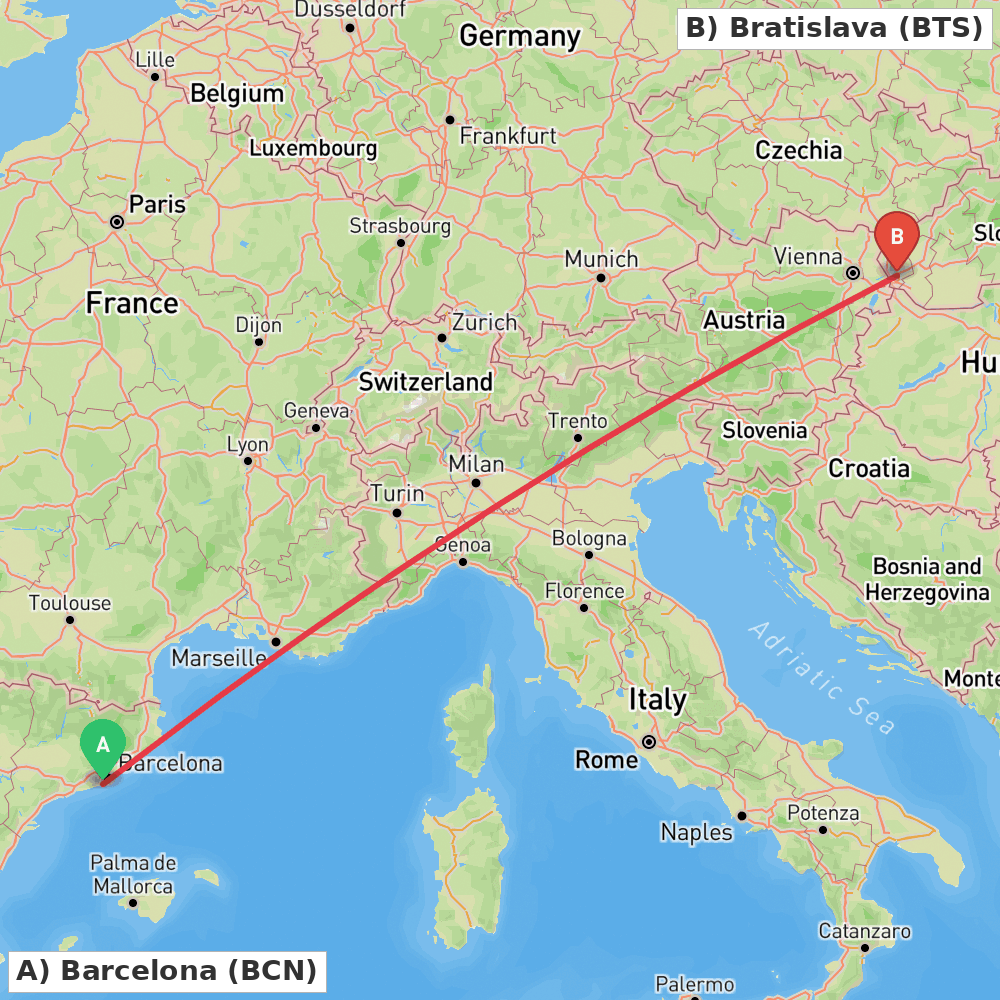 Flight route map from Barcelona to Bratislava