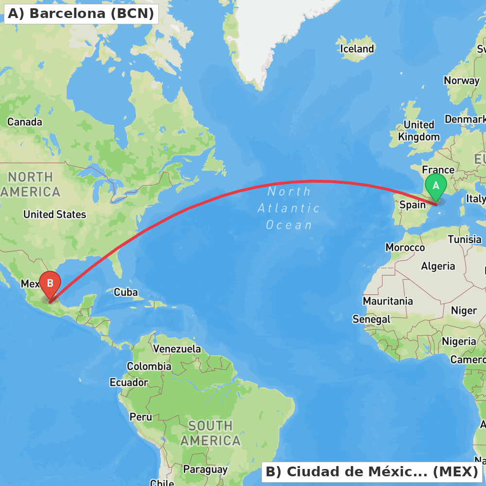 Flight route map from Barcelona to Ciudad de México