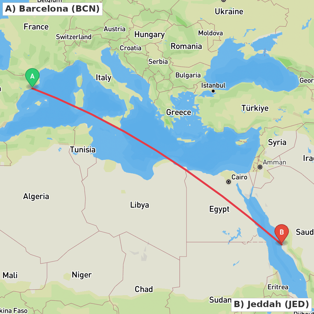 Flight route map from Barcelona to Jeddah