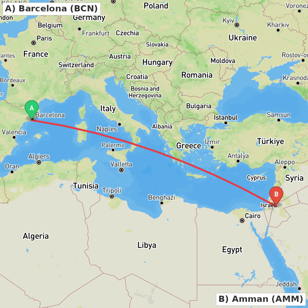 Flight route map from Barcelona to Amman