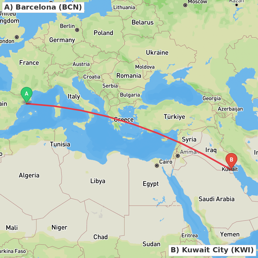 Flight route map from Barcelona to Kuwait City