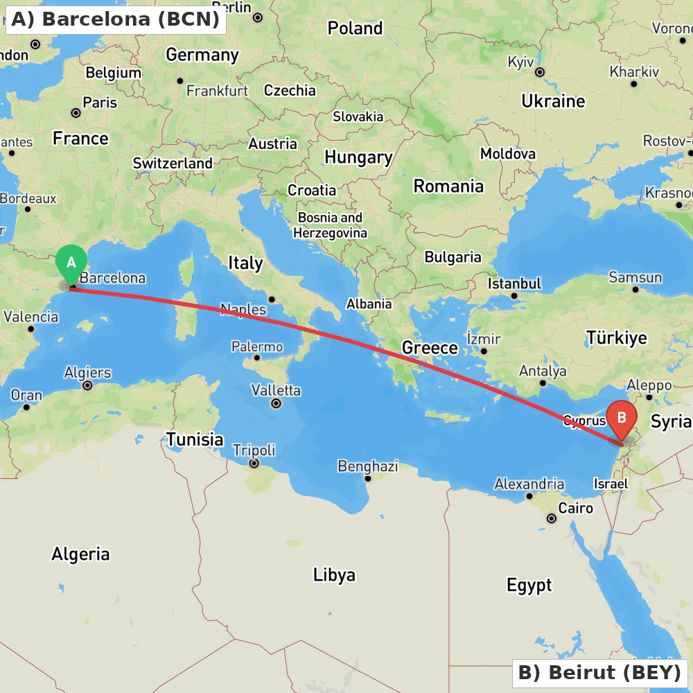 Flight route map from Barcelona to Beirut