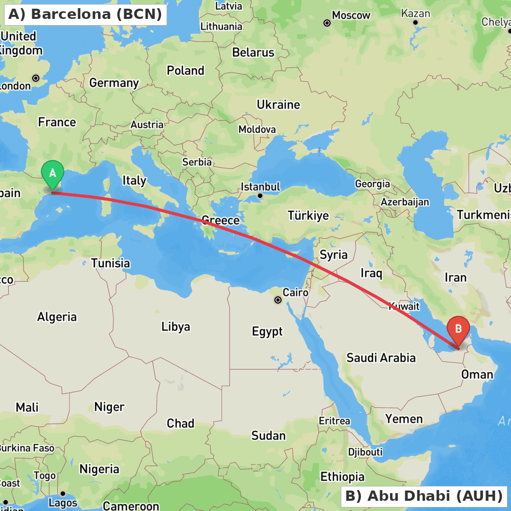 Flight route map from Barcelona to Abu Dhabi