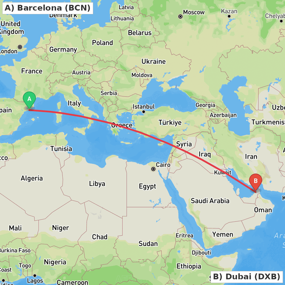 Flight route map from Barcelona to Dubai