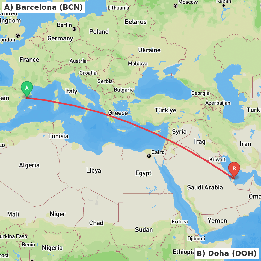 Flight route map from Barcelona to Doha