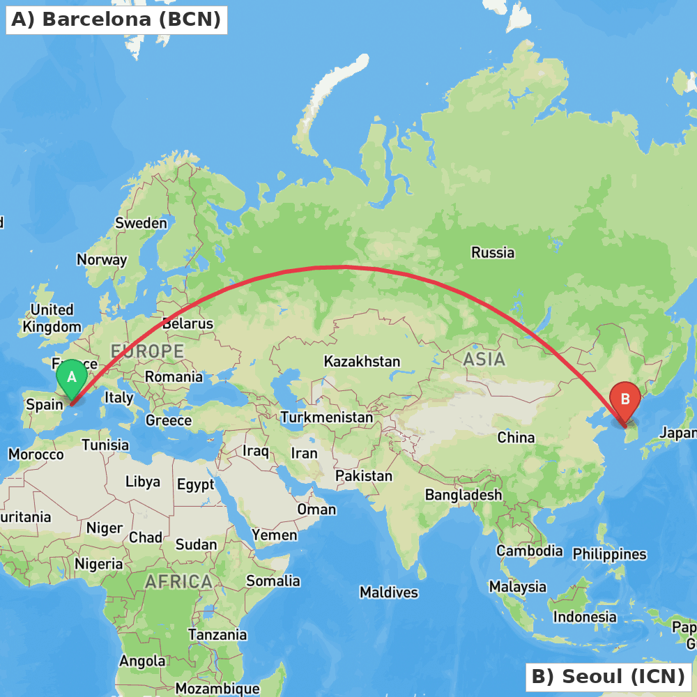 Flight route map from Barcelona to Seoul