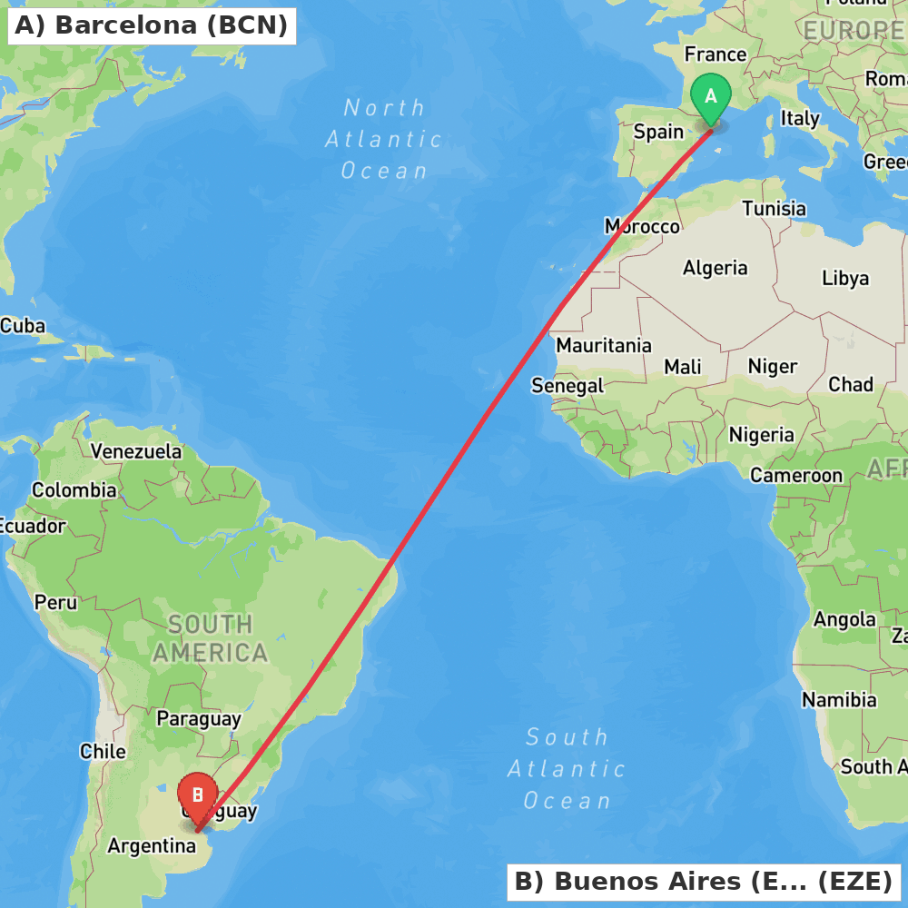Flight route map from Barcelona to Buenos Aires (Ezeiza)