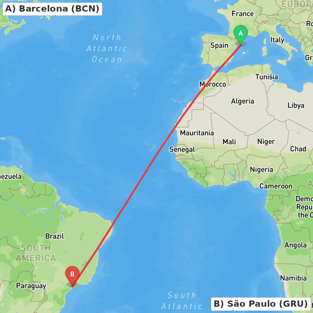 Flight route map from Barcelona to São Paulo