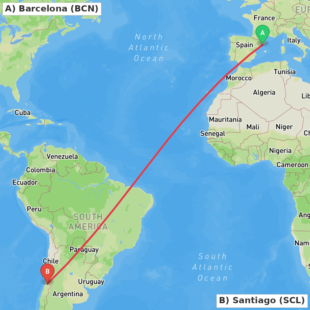 Flight route map from Barcelona to Santiago