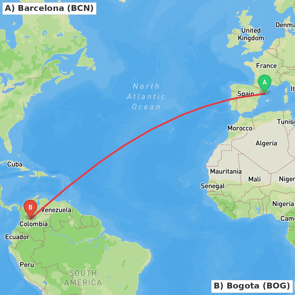 Flight route map from Barcelona to Bogota