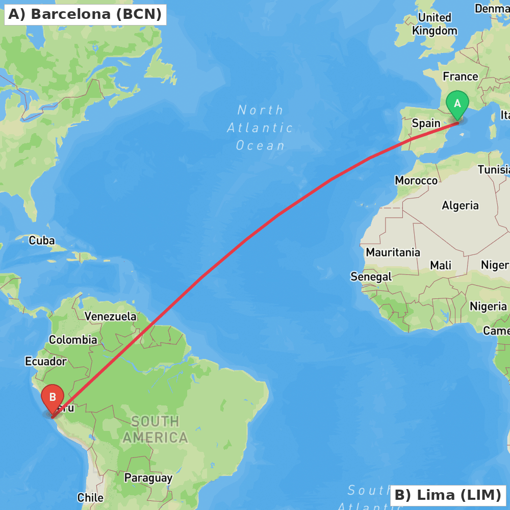 Flight route map from Barcelona to Lima