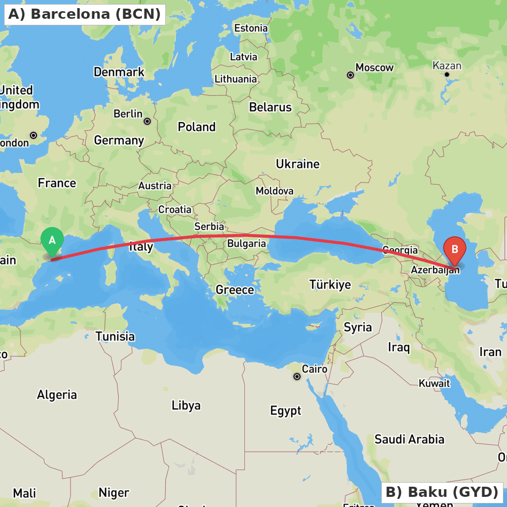 Flight route map from Barcelona to Baku