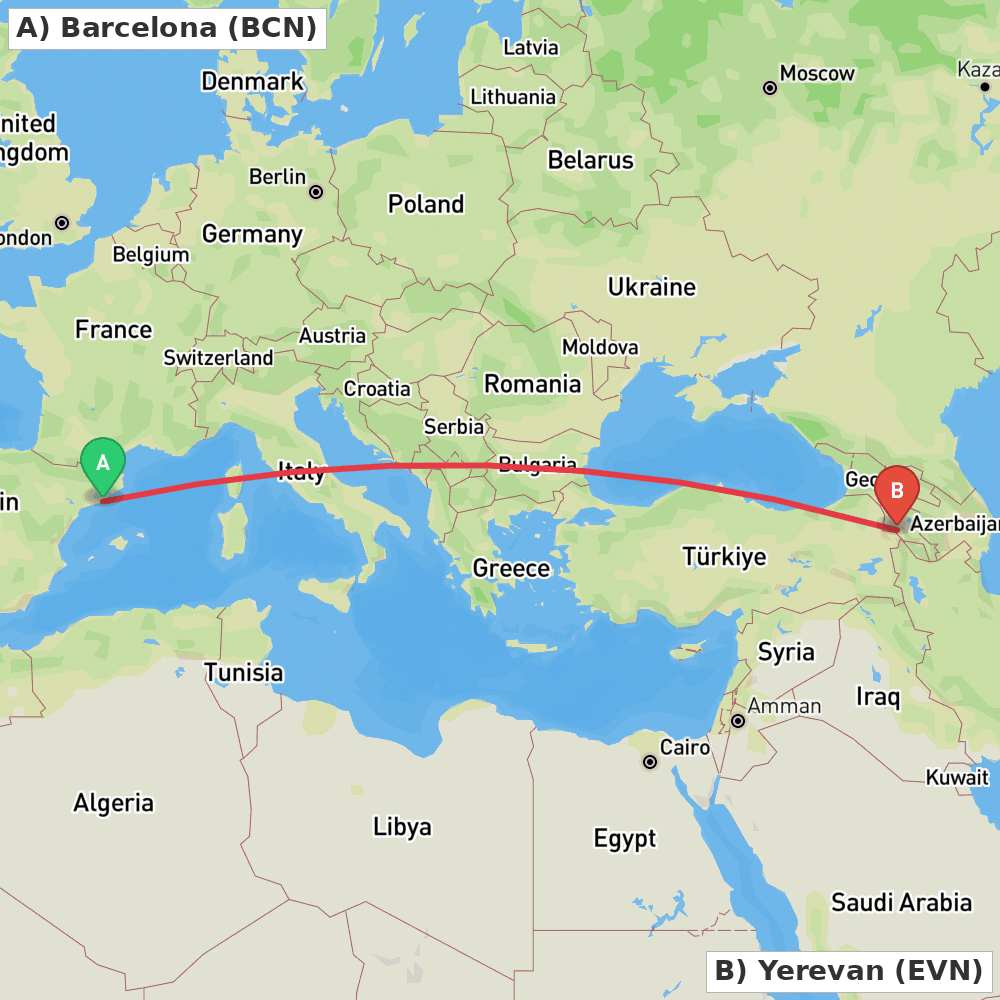 Flight route map from Barcelona to Yerevan