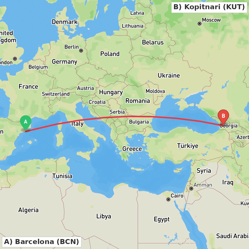 Flight route map from Barcelona to Kopitnari
