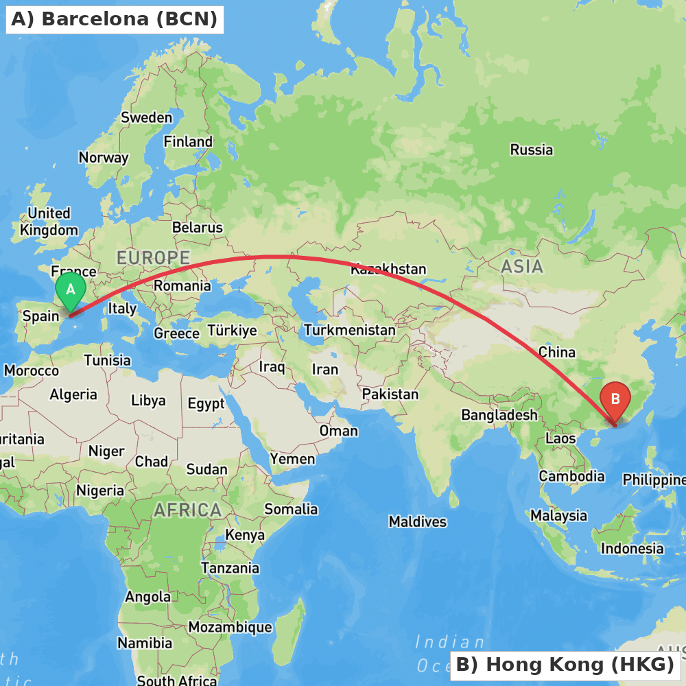 Flight route map from Barcelona to Hong Kong