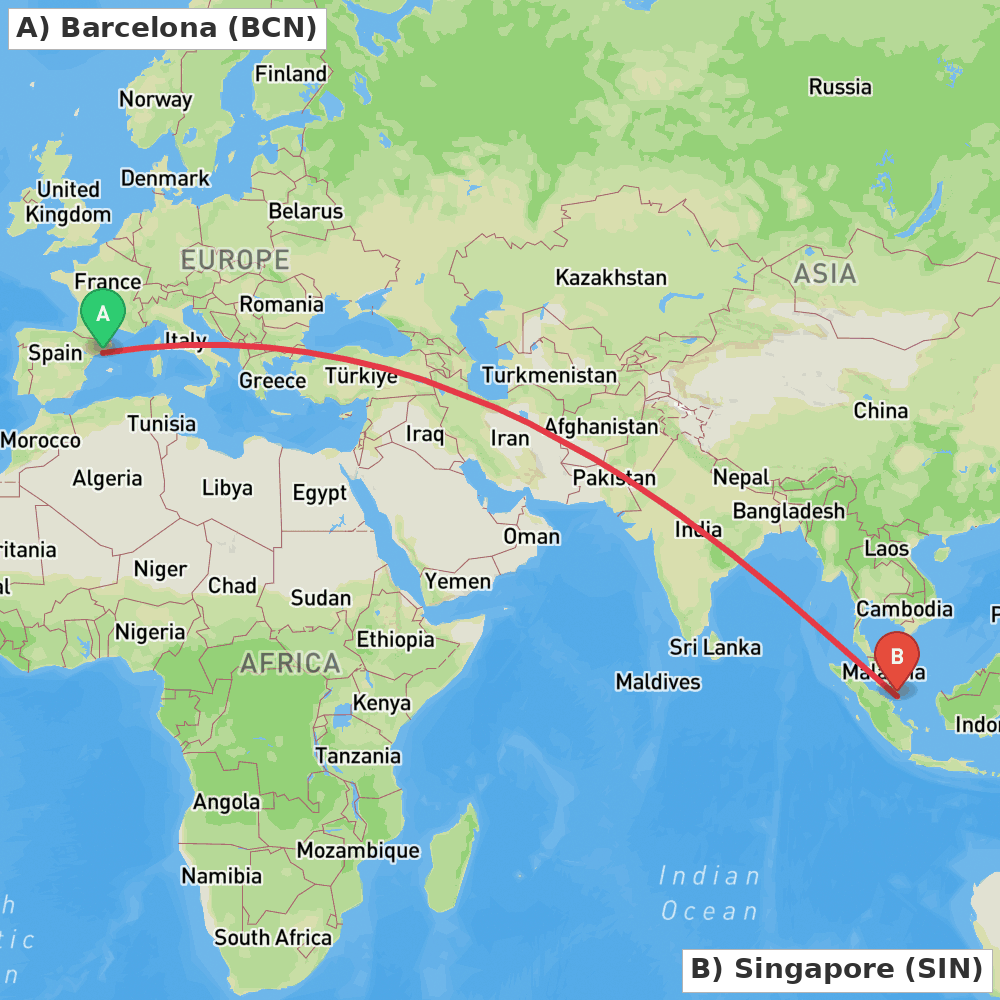Flight route map from Barcelona to Singapore