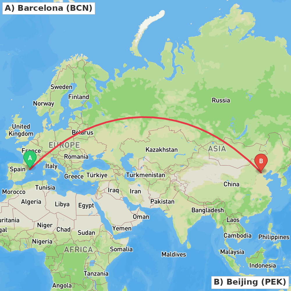 Flight route map from Barcelona to Beijing