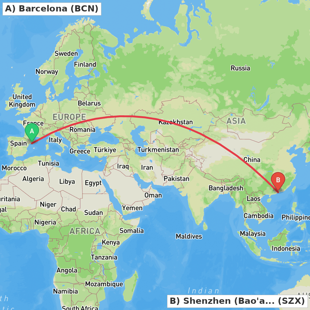 Flight route map from Barcelona to Shenzhen (Bao'an)