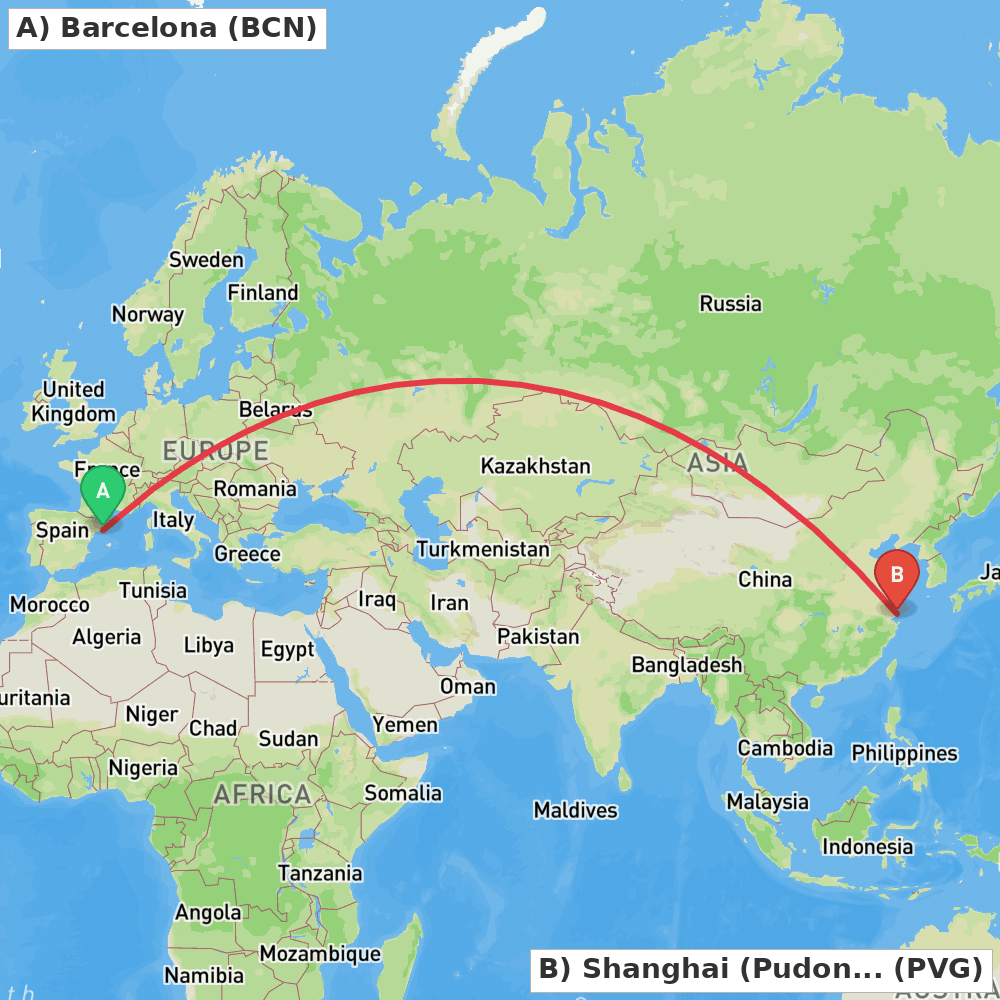 Flight route map from Barcelona to Shanghai (Pudong)