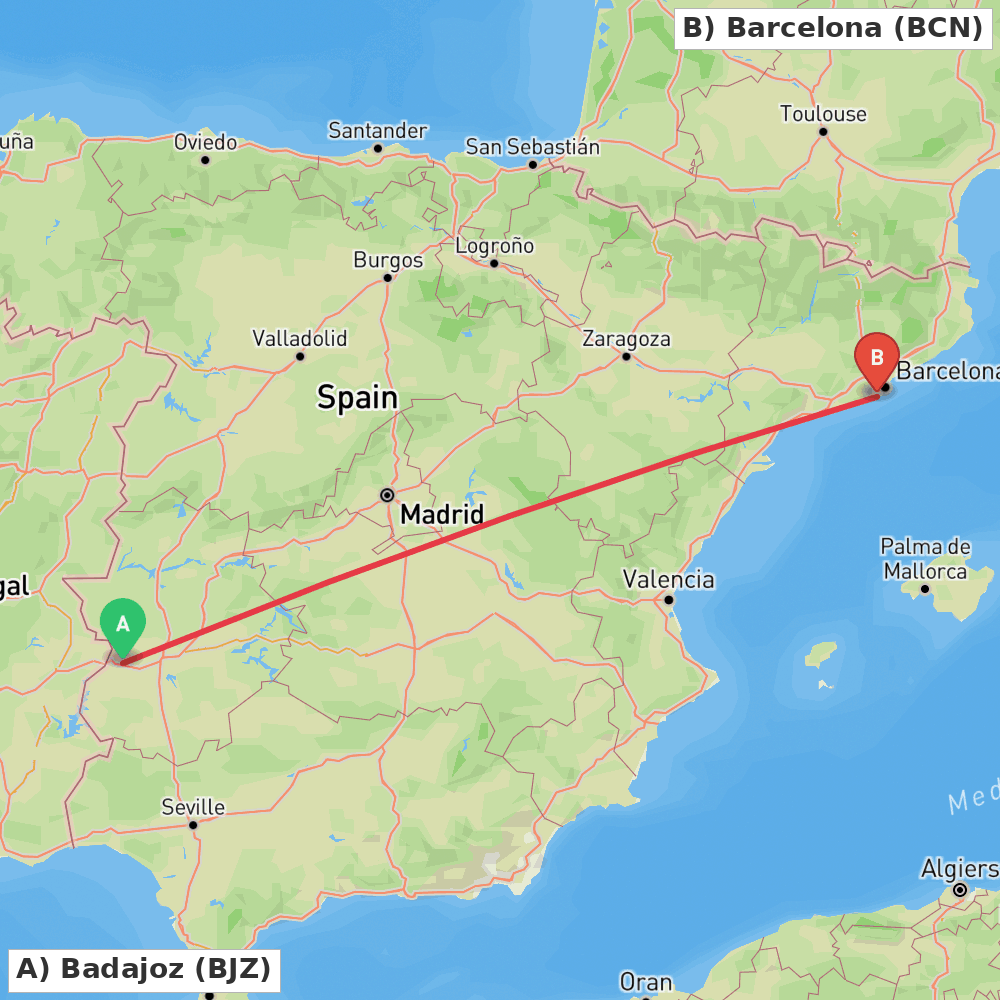 Flight route map from Badajoz to Barcelona