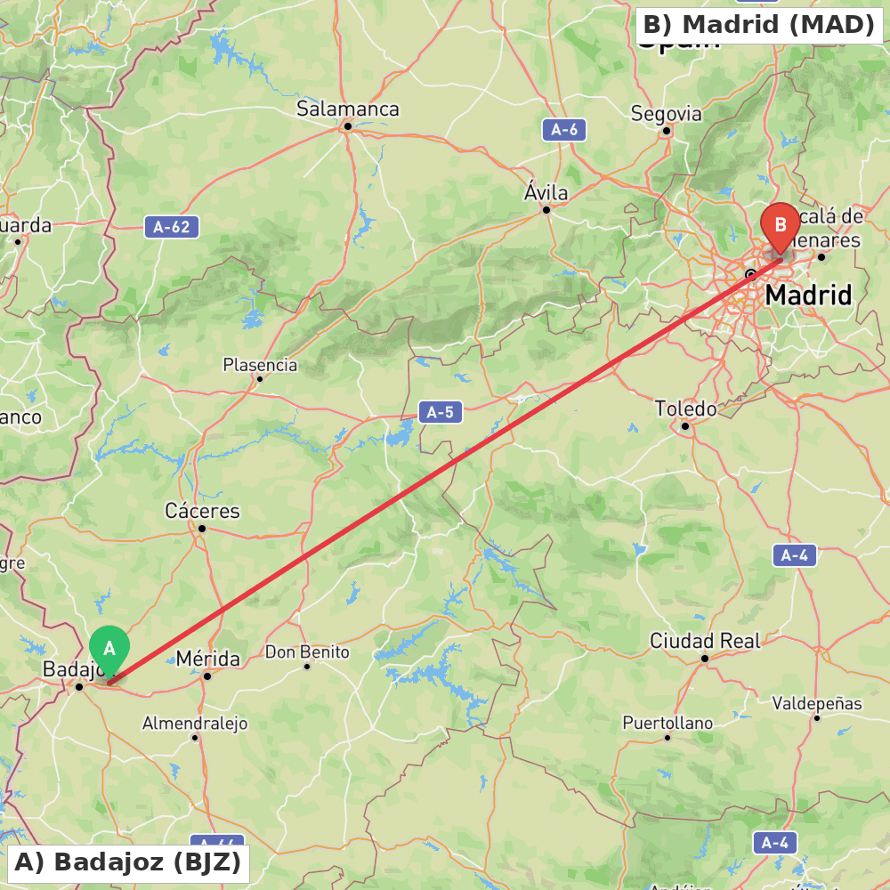 Flight route map from Badajoz to Madrid