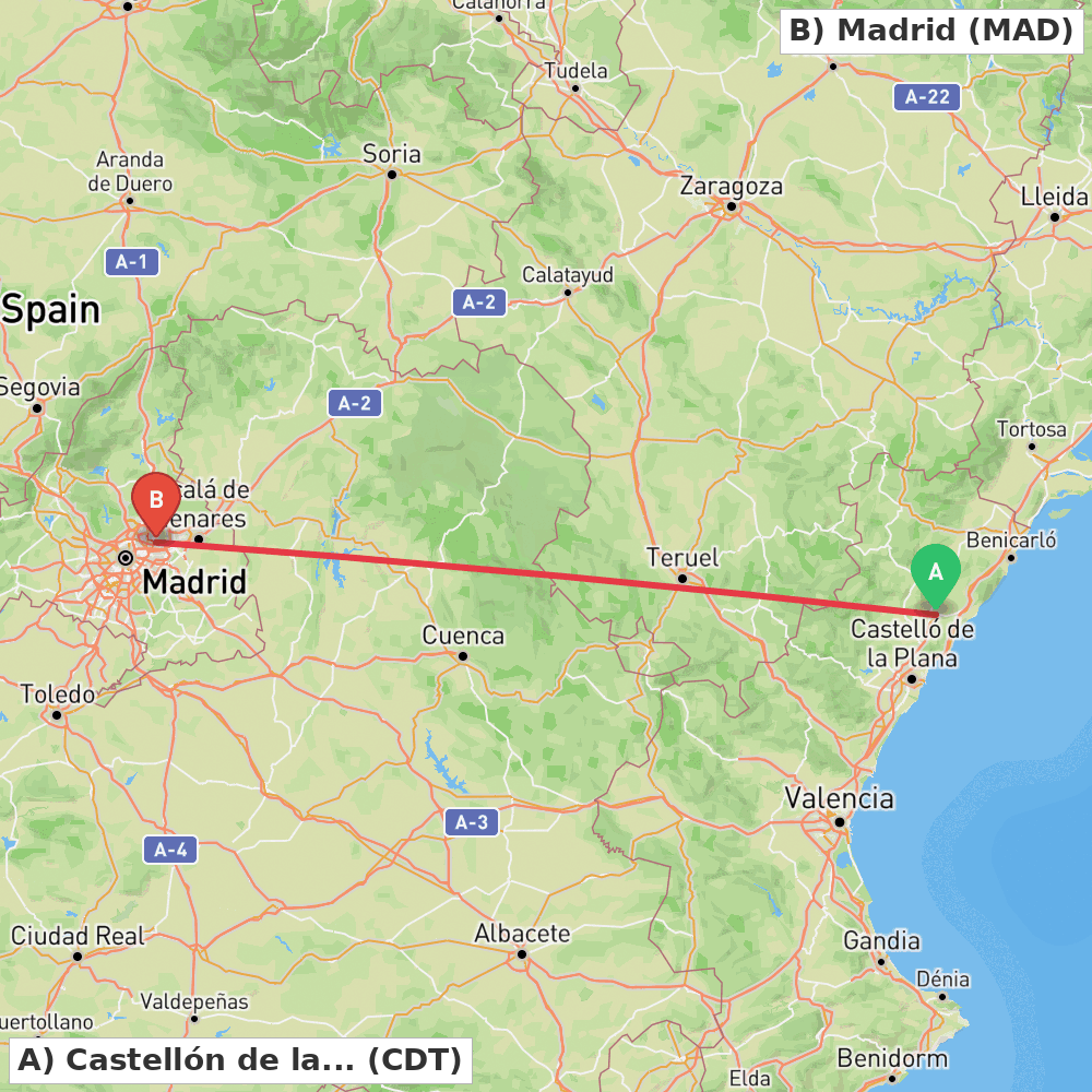 Flight route map from Castellón de la Plana to Madrid