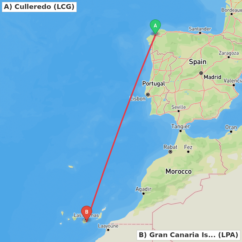 Flight route map from Culleredo to Gran Canaria Island