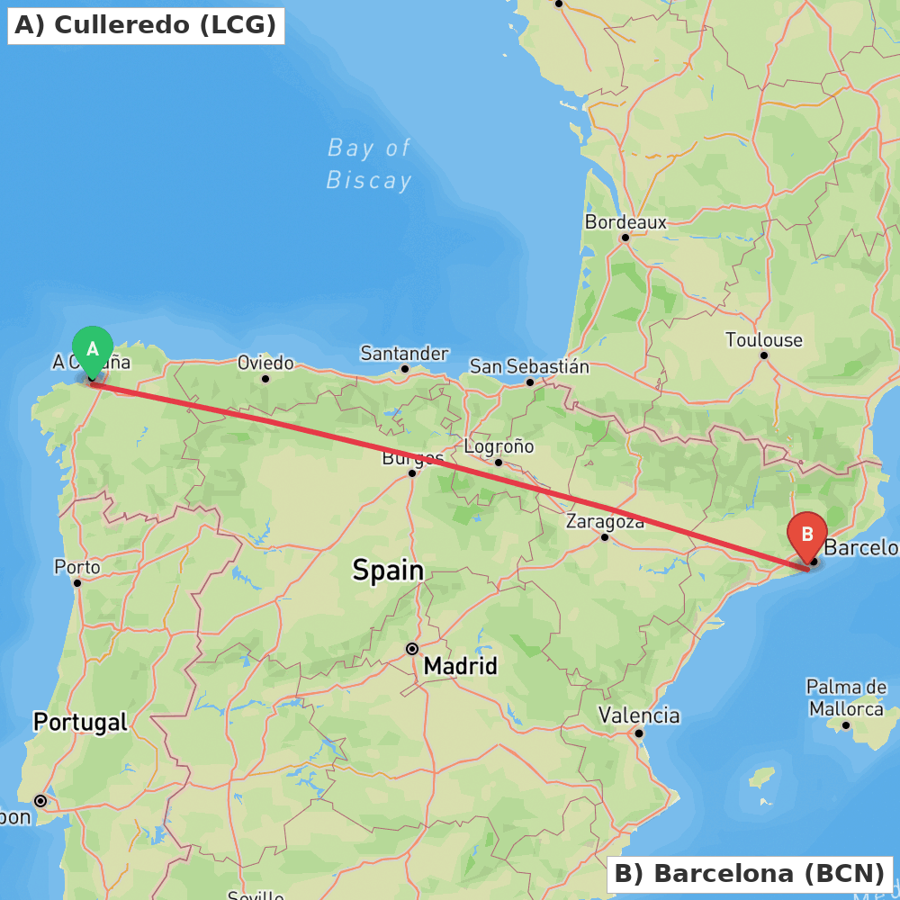 Flight route map from Culleredo to Barcelona