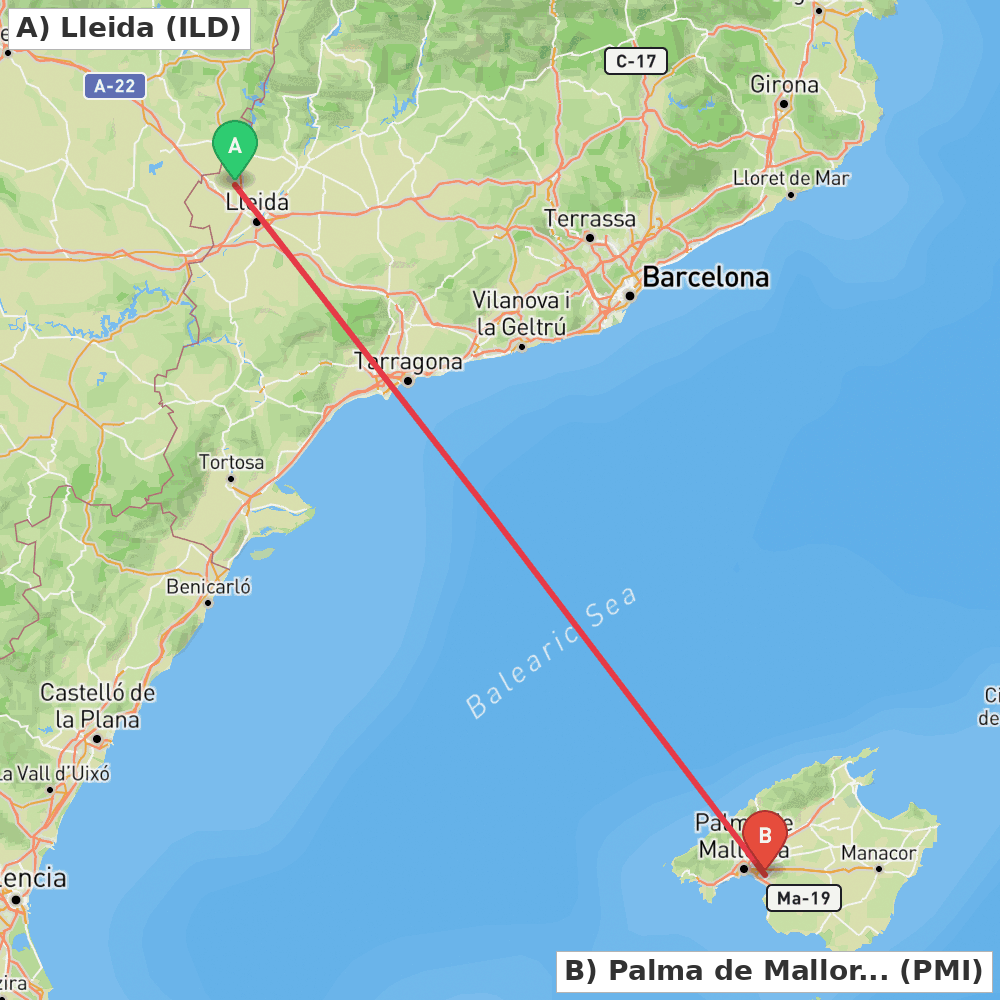 Flight route map from Lleida to Palma de Mallorca