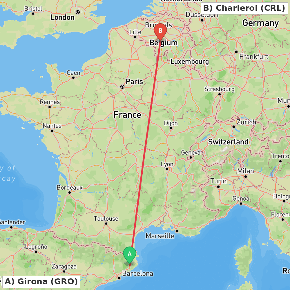 Flight route map from Girona to Charleroi