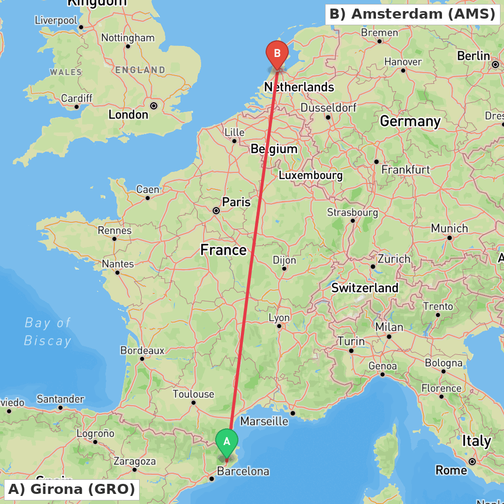 Flight route map from Girona to Amsterdam