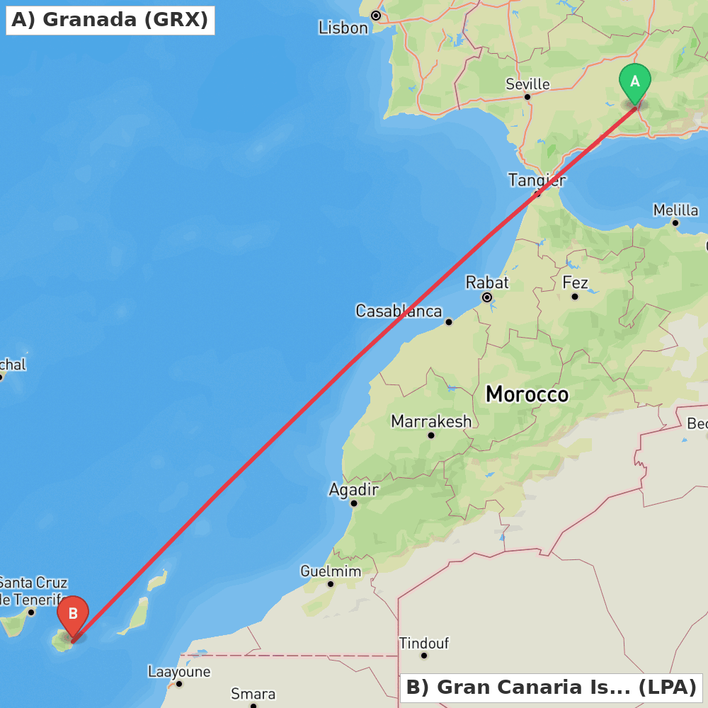 Flight route map from Granada to Gran Canaria Island