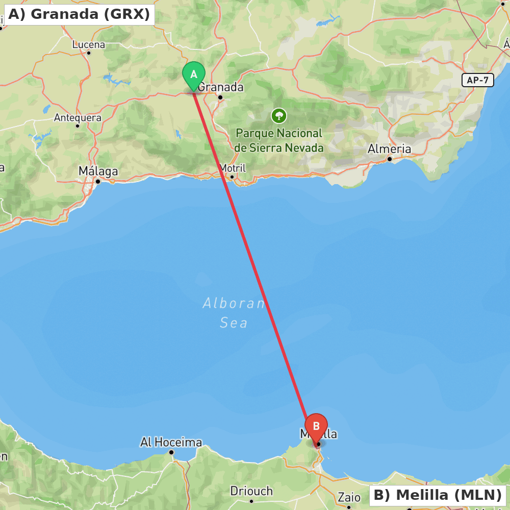 Flight route map from Granada to Melilla