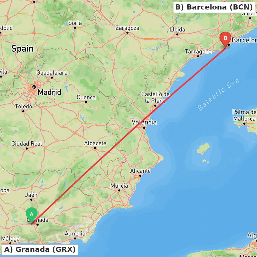 Flight route map from Granada to Barcelona