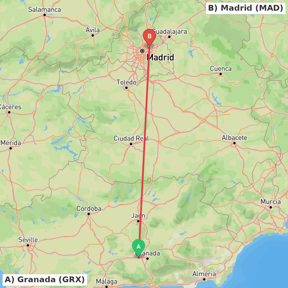Flight route map from Granada to Madrid