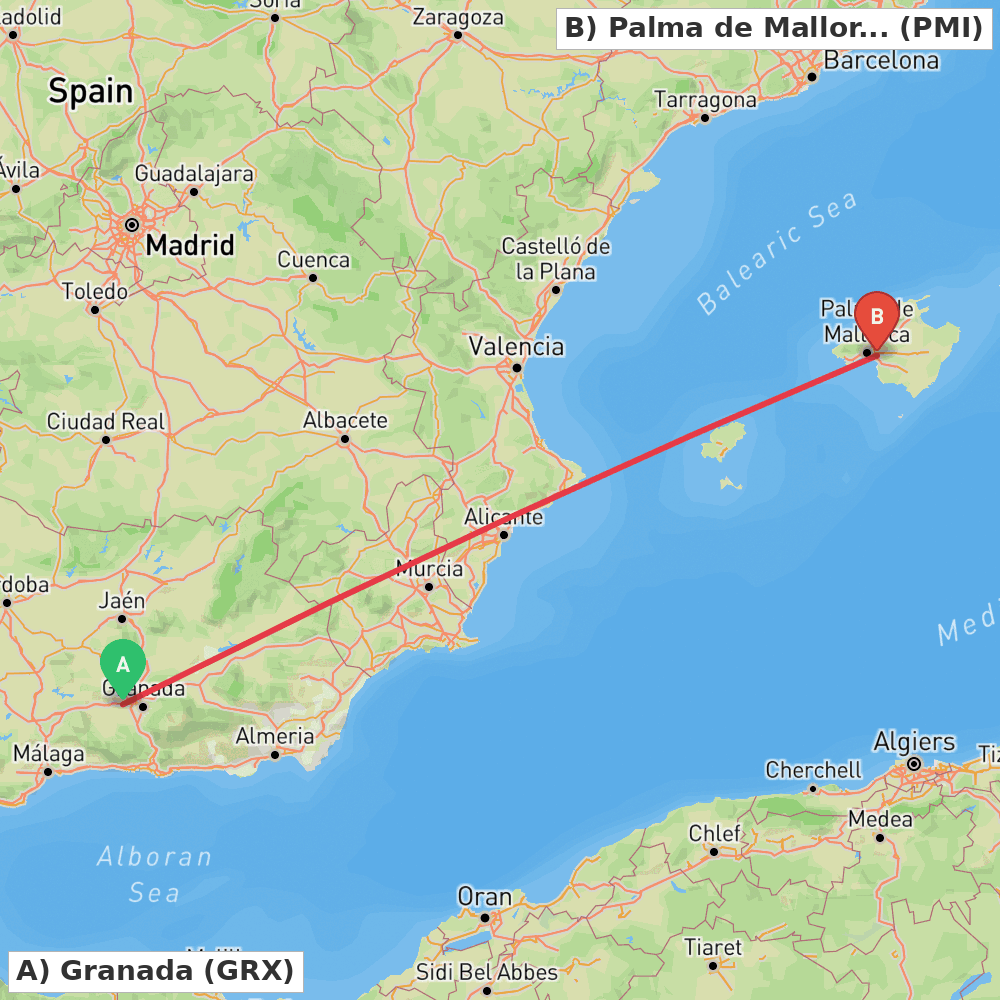 Flight route map from Granada to Palma de Mallorca
