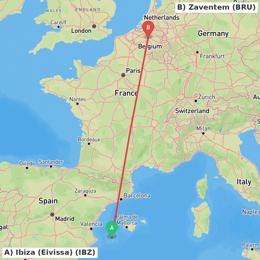 Flight route map from Ibiza (Eivissa) to Zaventem