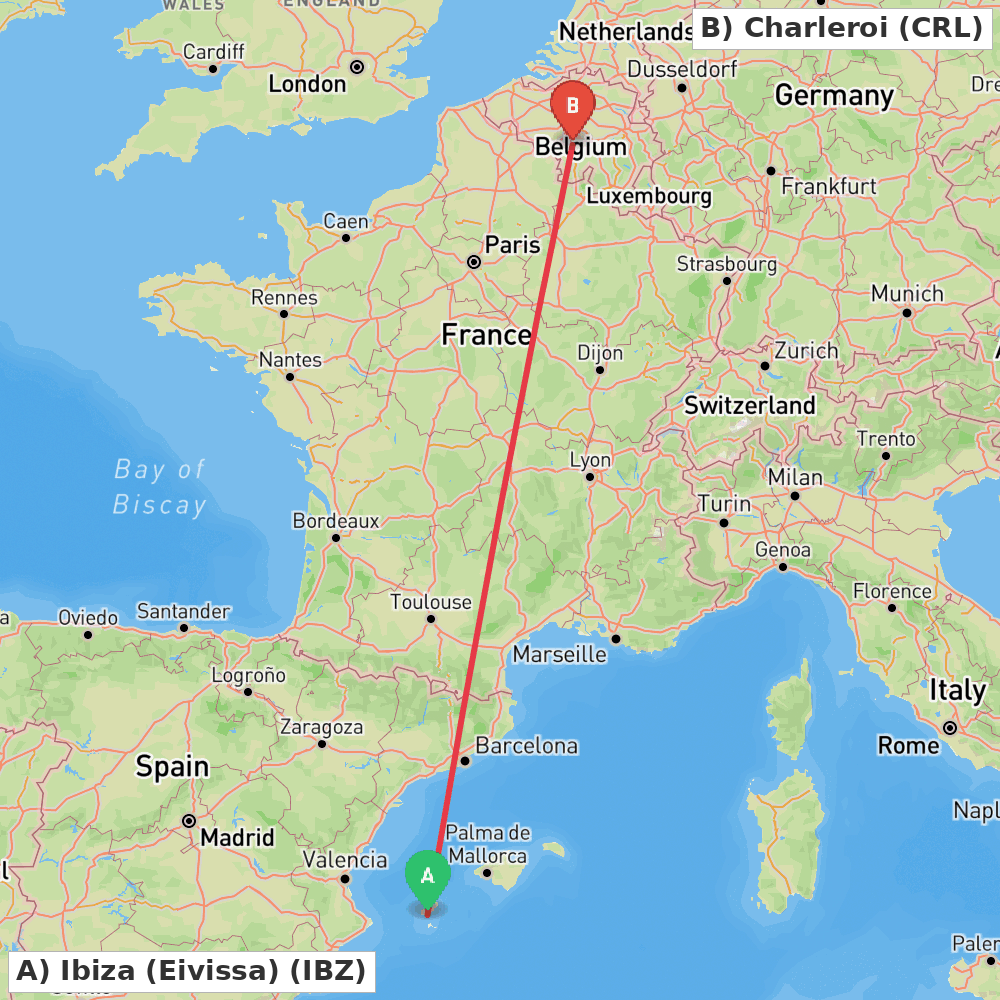 Flight route map from Ibiza (Eivissa) to Charleroi